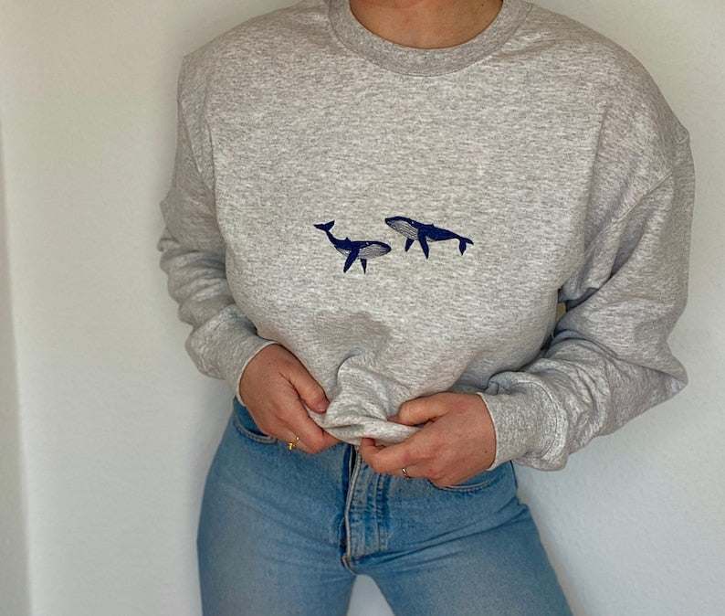 Whale Embroidered Sweatshirt 2D Crewneck Sweatshirt All Over Print Sweatshirt For Women Sweatshirt For Men Sws3207