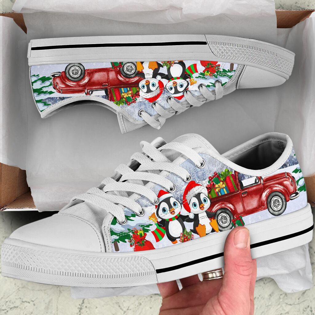 Penguin Red Car Low Top Personalized Shoes Custom Name, Text For Women, Men