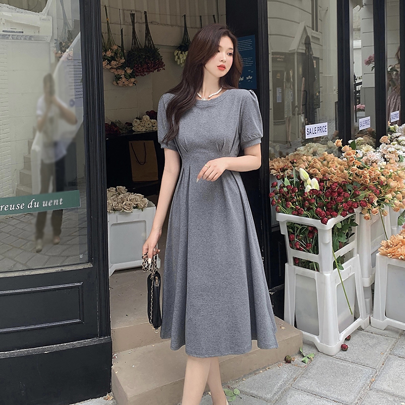 Summer Dress Women 2022 New Korean Round Neck Solid Color Pleated High Waist Puff Sleeves Dress Female Thin and Small Slit Dress alx