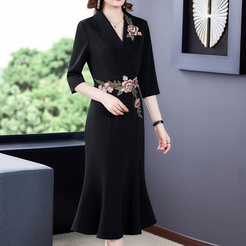 2022 Spring Black Embroidery Floral Vintage Suit Dress Autumn Solid office lady Midi Dress Women Bodycon Elegant Party Vestidos alx