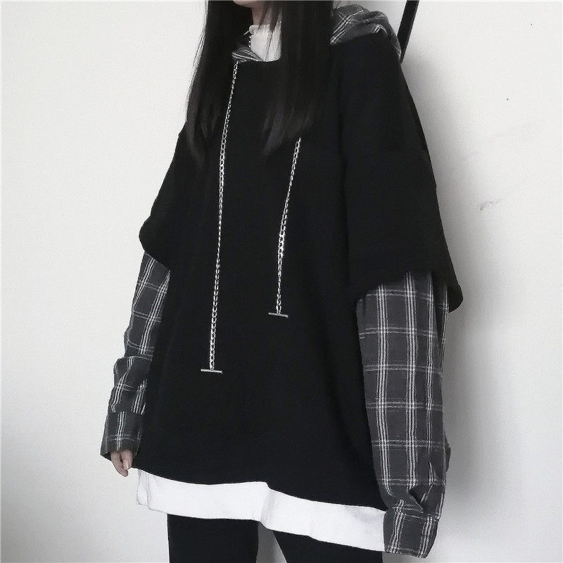 2021 Korean Fashion Hoodie Striped Sweatshirt For Women Black Gothic Style Hoodies Pantsuits Sweatshirts Grunge Plaid Pullovers alx