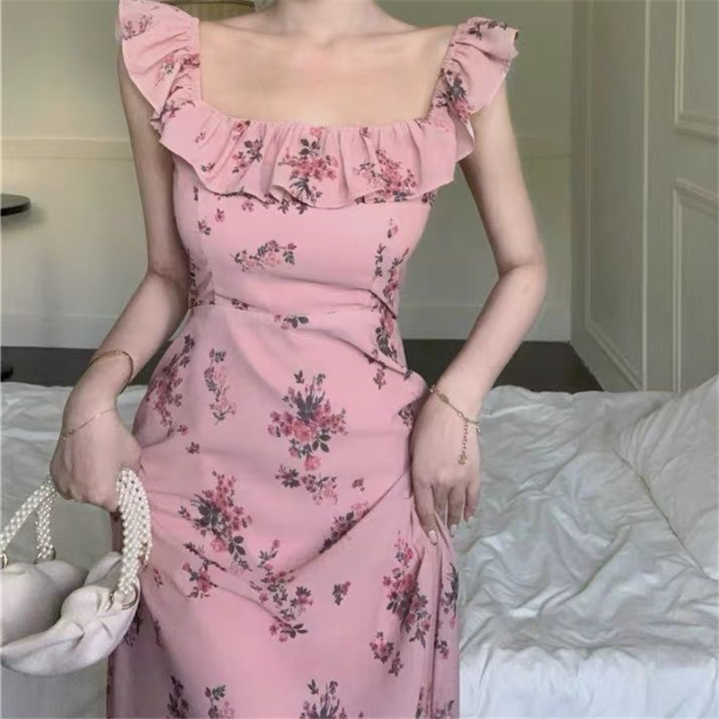 Vintage French Style Floral Print Ruffle Sweet Slim Sexy Midi Dress 2022 Summer Women Sleeveless High Waist Elegant Long Dresses alx