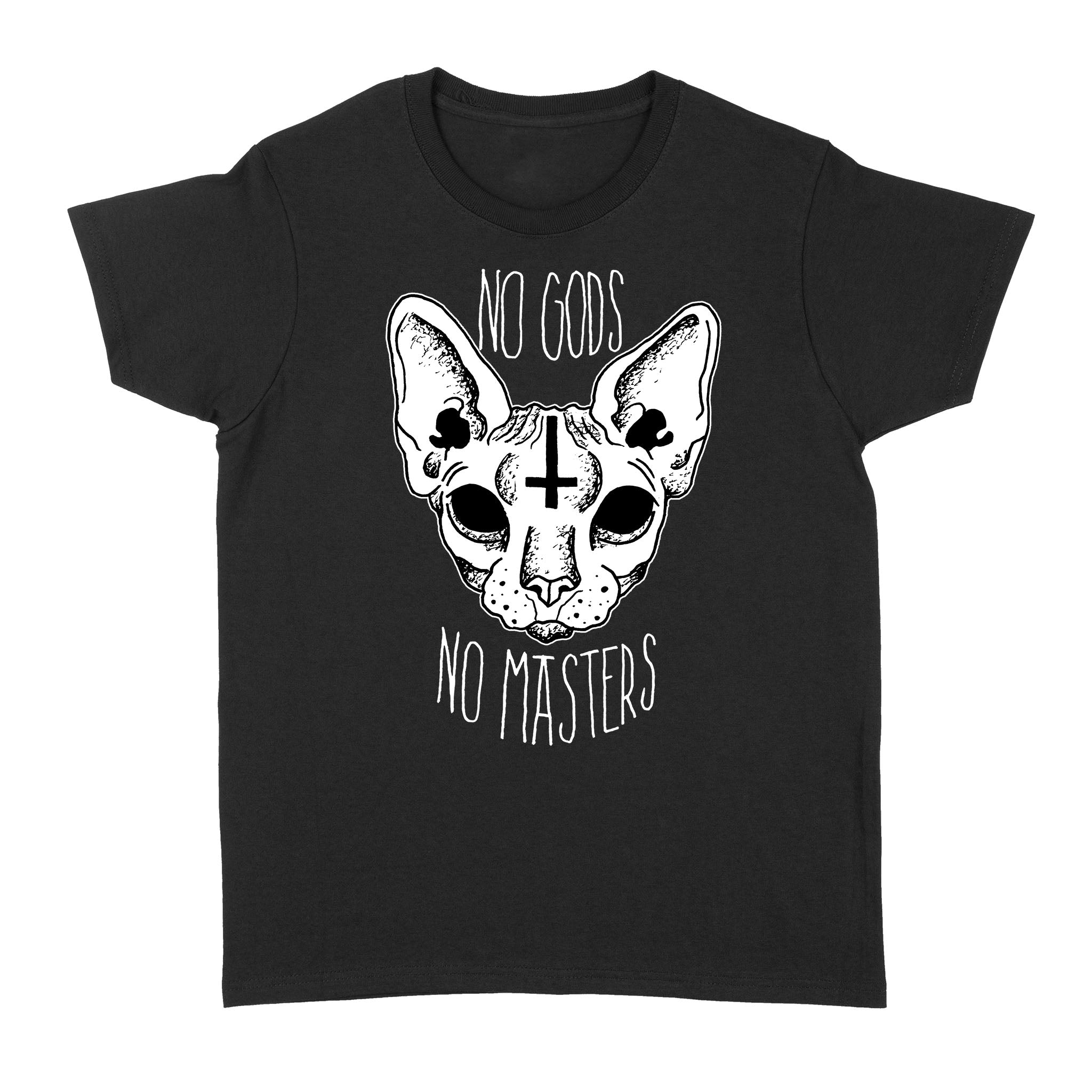 Standard Women’S T-Shirt – No Gods No Master Sphynx Cat Atheist Upside Down Cross