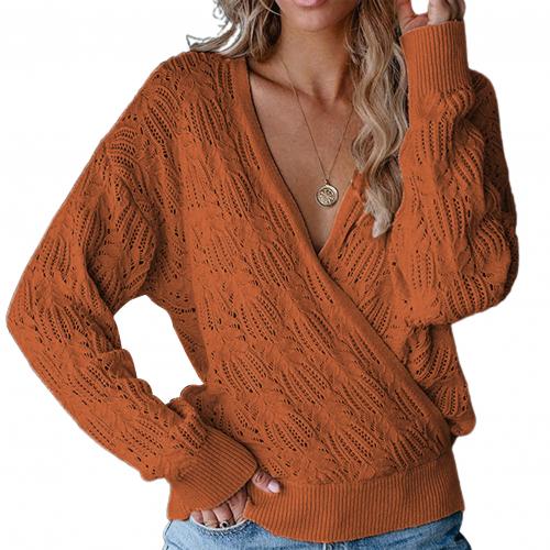 Women Deep V Neck Wrap Hollow Sweater Long Sleeve Crochet Knit Pullover Top 2020 Autumn Casual Long Sleeve Knitted Sweater Top alx