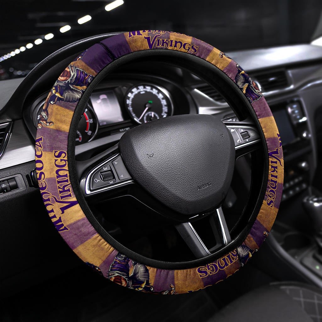 Minnesota Vikings American Football Giant Viking Holding Rugby Running On Flag With Viking Horn Steering Wheel Cover