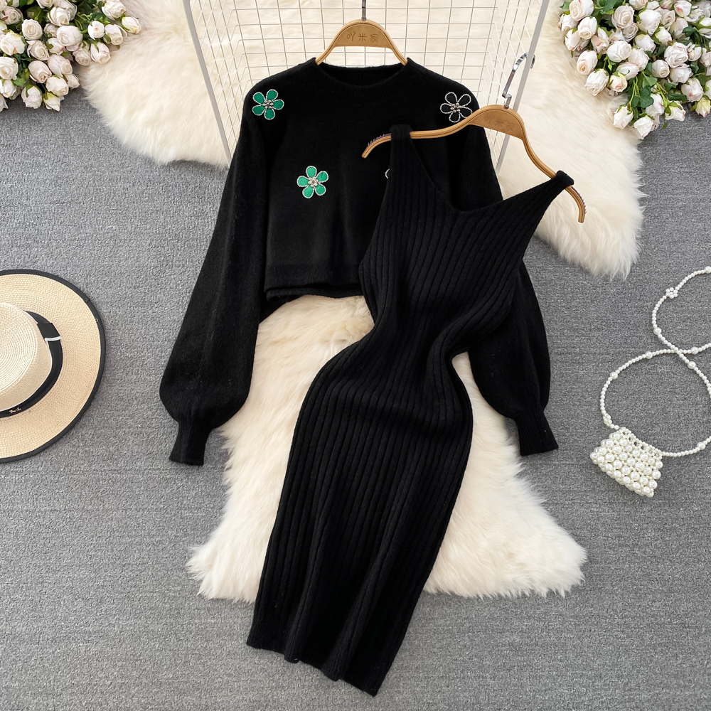 SINGREINY Flower Casual Sweater Two Piece Suits Women Long Sleeve Elegant Short Tops Midi Dress Soft Winter Knit Sets Outwear alx