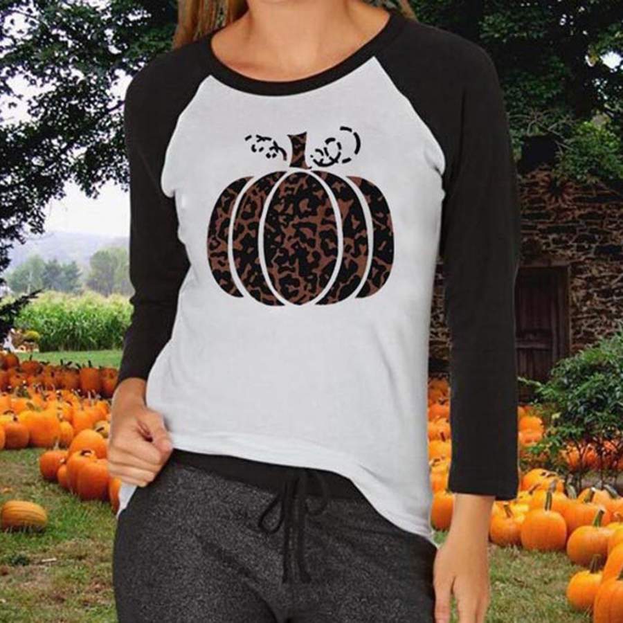 Halloween Shirts Womens Leopard Pumpkin Long Sleeve Baseball Graphic Tee Tops