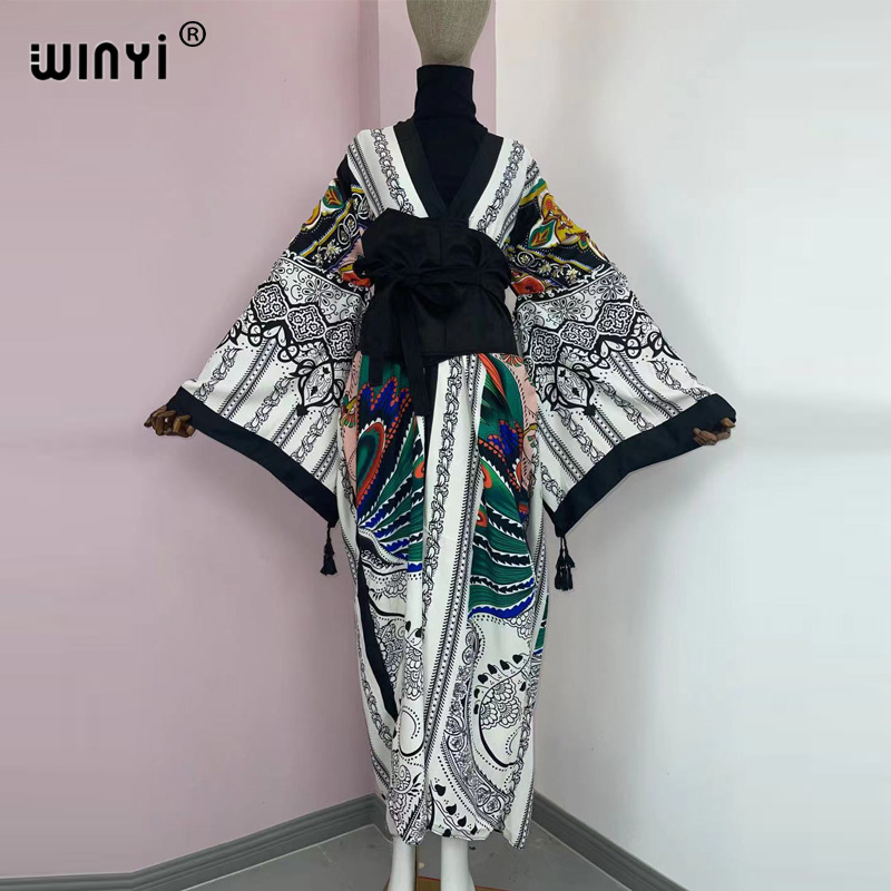 WINYI 2022 Women kimono fashion Vintage Totem Floral caftan Print Waist seal Midi Shirt Dress long Sleeve Casual Slim Vestidos alx