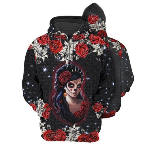 Skull Girl Loves Red Rose 3D All Over Printed