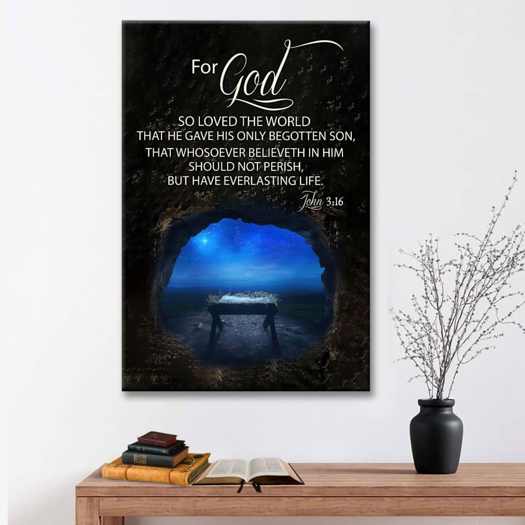 Christmas Wall Art Canvas: John 3:16 For God So Loved The World, Empty Manger