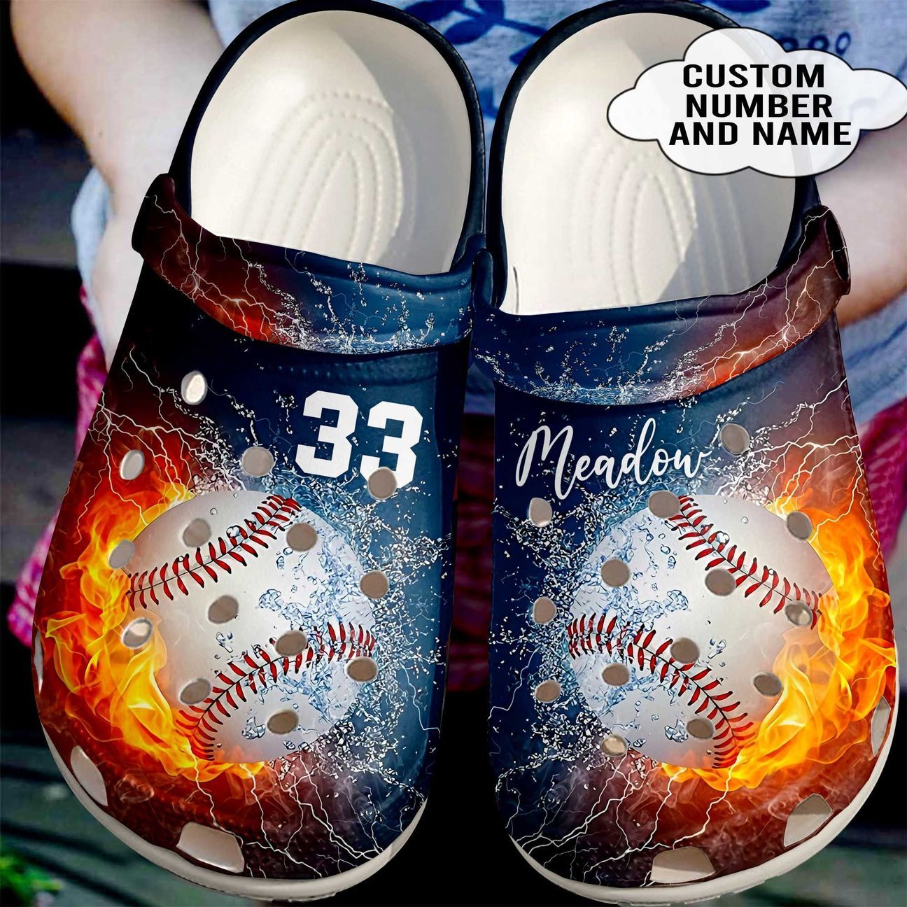 Baseball Personalized Clog, Custom Name, Text Fire And Water Baseball, Fashion Style For Women, Men, Kid, Print 3D