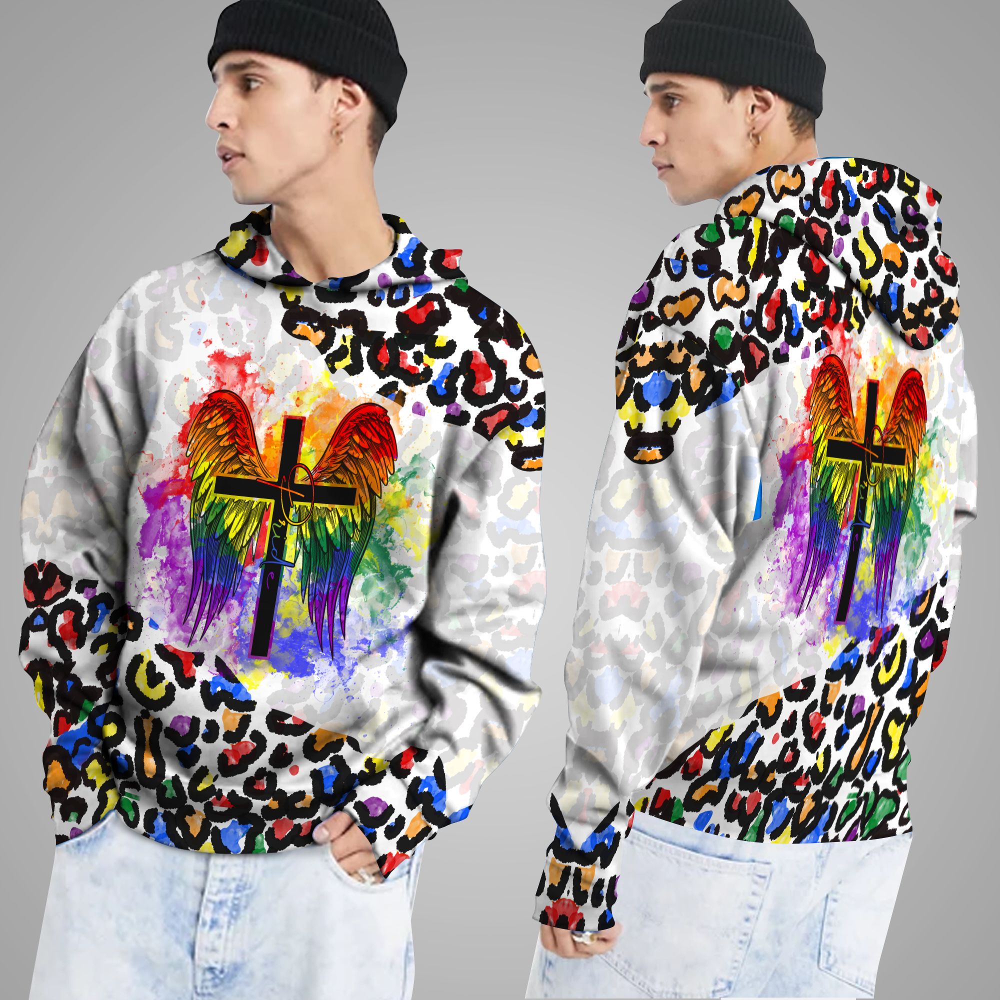 Colorful Leopard With The Cross And Wings 3D Hoodie Shirt For LGBTQ+ Community