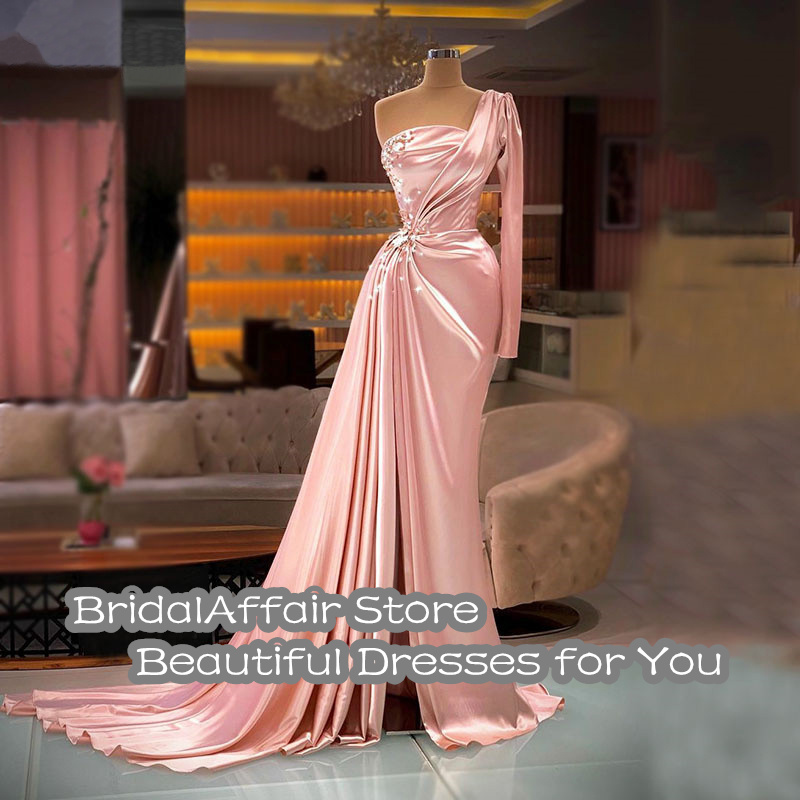 BridalAffair Pink Satin Mermaid Evening Dress Formal Party Gowns One Shoulder Rhine Beads Split Women 2022 Prom Dress alx