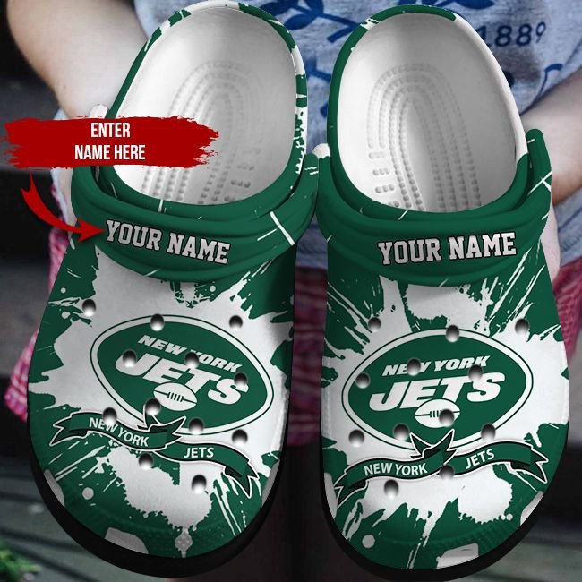 New York Jets On Green Pattern Custom Name Clogs Clogband Clog Comfortable Water Shoes