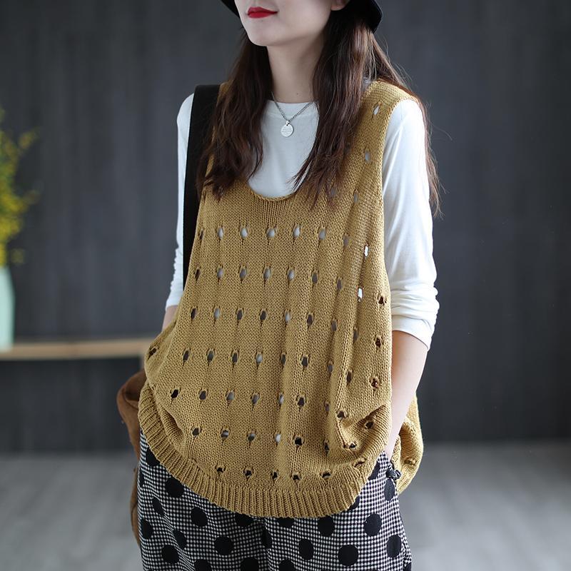 Sweater Vests Women O-neck Hollow Out Baggy Vintage Sleeveless Jumpers ElegantWomens Vest Knitwear Comfortable Trendy alx