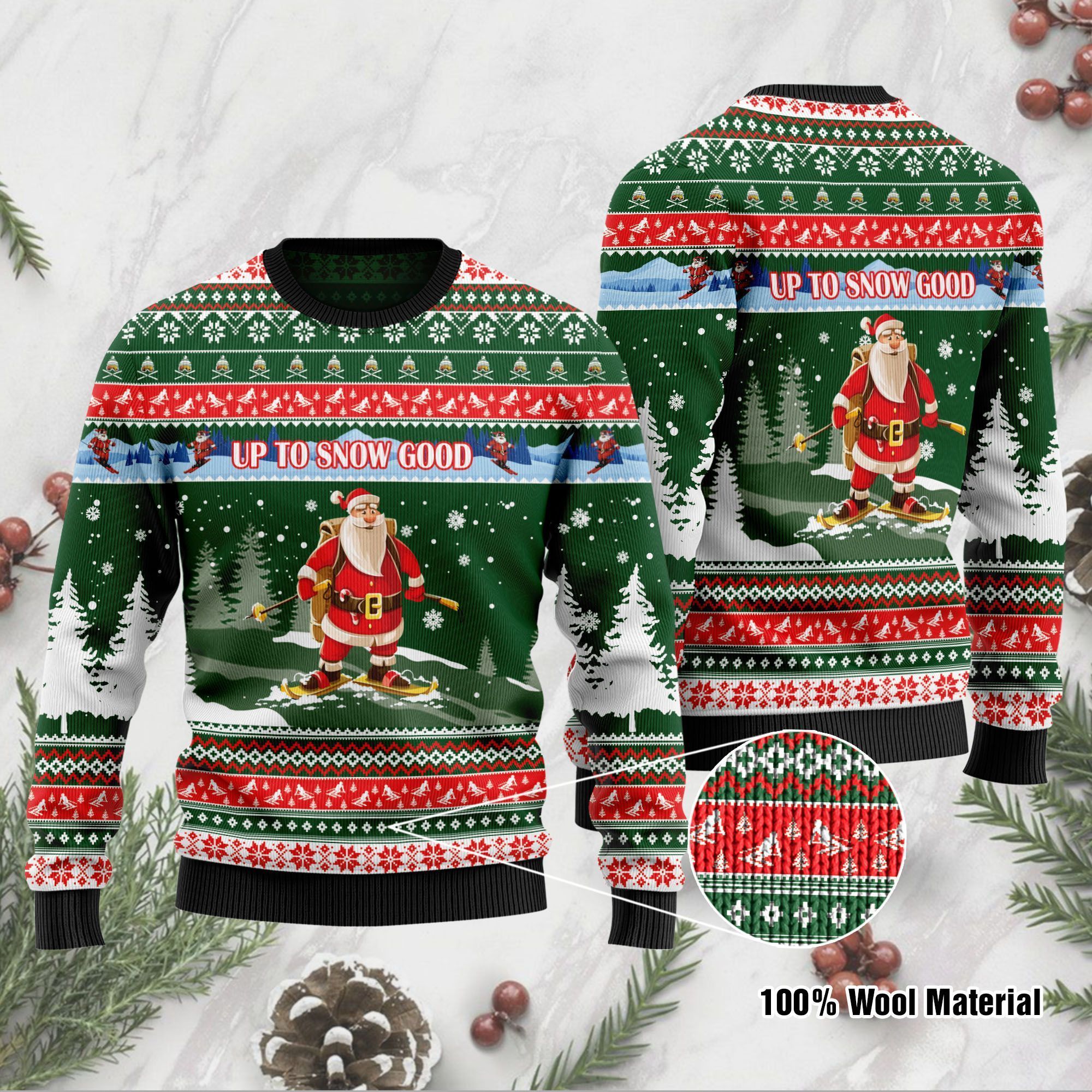 Alpine Skiing With Santa Claus With Sayings Up To Snow Good Ugly Sweater On Christmas Time