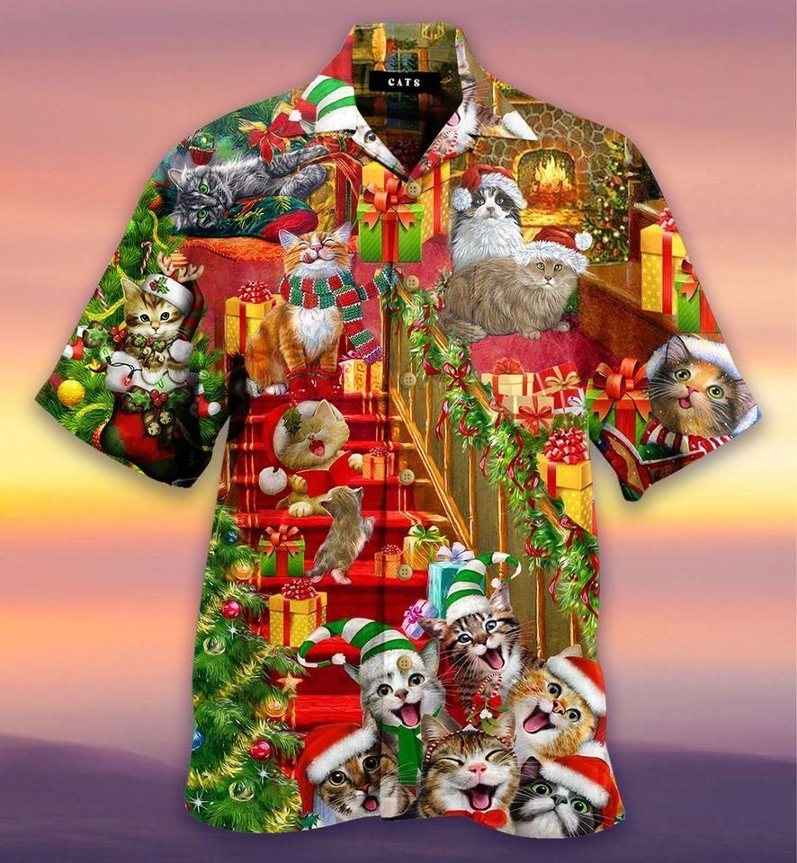 Check Out This Awesome Funny Cat On Christmas Eve Hawaii Aloha Shirts Ha98615