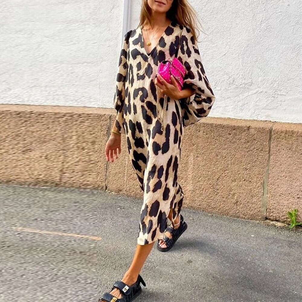 WYWMY Autumn Sexy Leopard Print V Neck Long Dress Casual Fashion Women Lantern Long Sleeves Dresses Loose Elegant Party Dresses alx