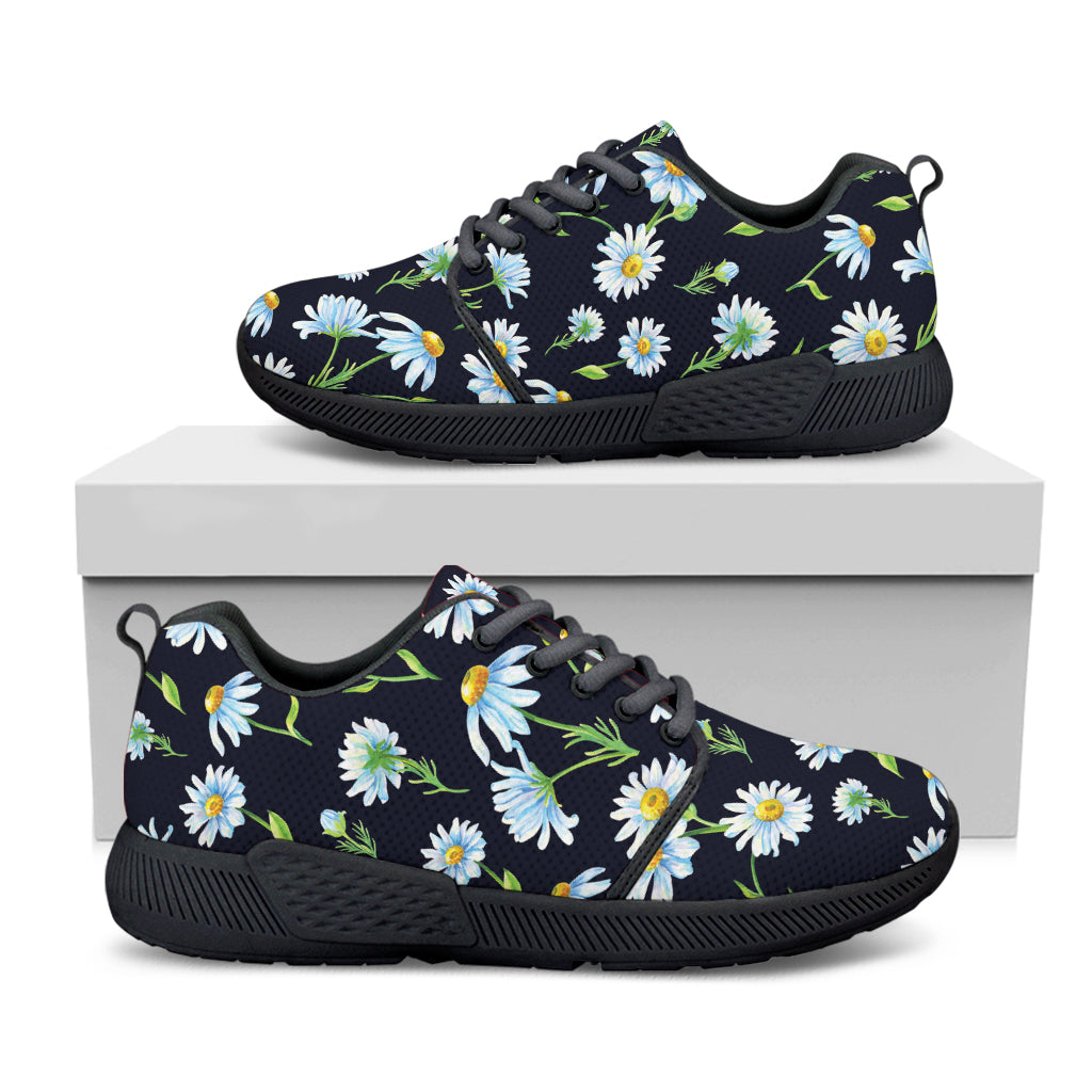 Watercolor Daisy Floral Pattern Print Black Athletic Shoes