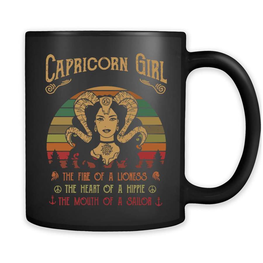 Capricorn Girl The Fire Of A Lioness The Heart Of A Hipple The Mouth Of A Sailor Classic Vintage Retro Design – Full-Wrap Coffee Black Mug