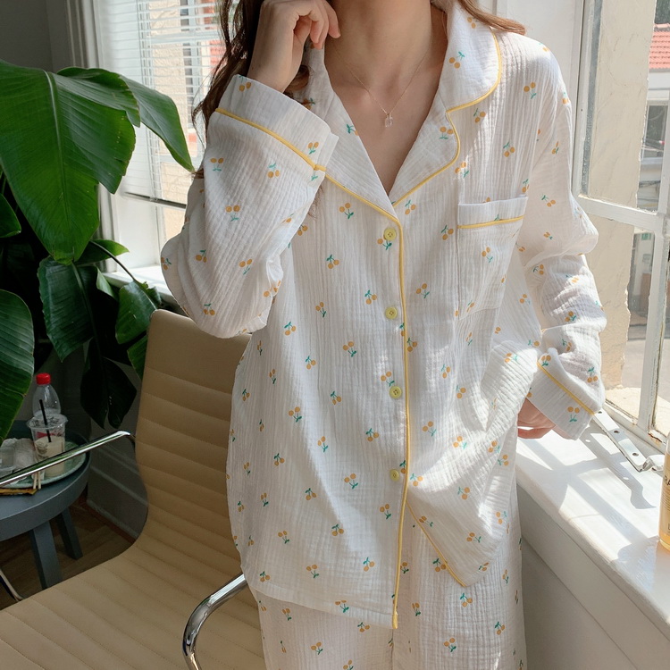 women cotton long sleeve pajamase set cherry home clothes lapel collar pocket shirts pants 2 piece set sleepwear home set Y112 alx