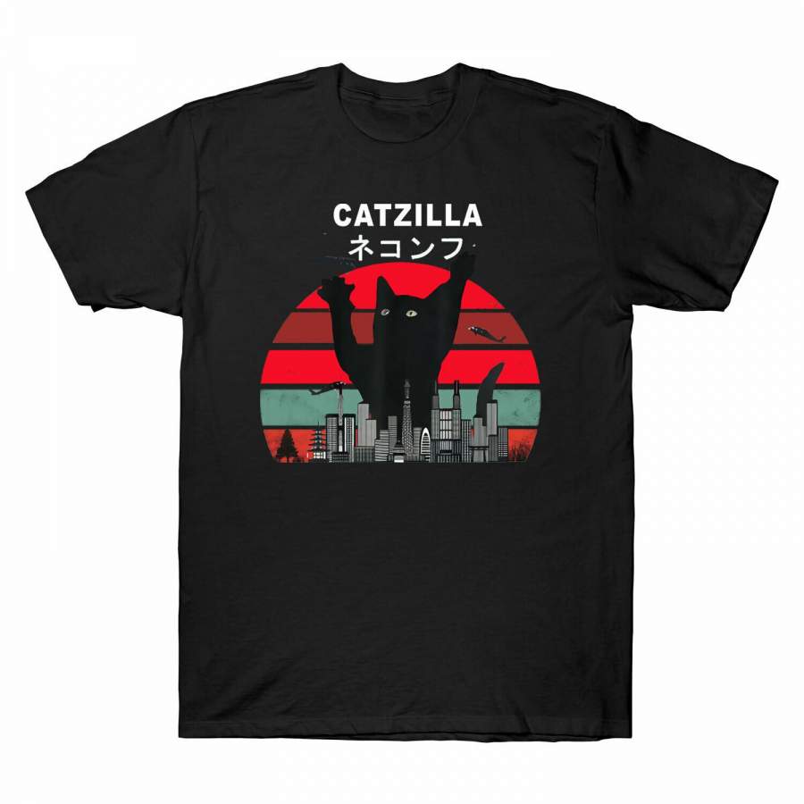 New Catzilla Japanese Sunset Style Cat Kitten Lover Short Sleeve Men’s T Shirt