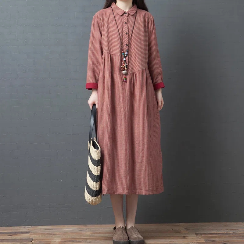 Women Long Sleeve Cotton and Linen Ankle Length Dress Female Plaid Lapel Loose Casual Dresses for Women Casual Vestidos alx