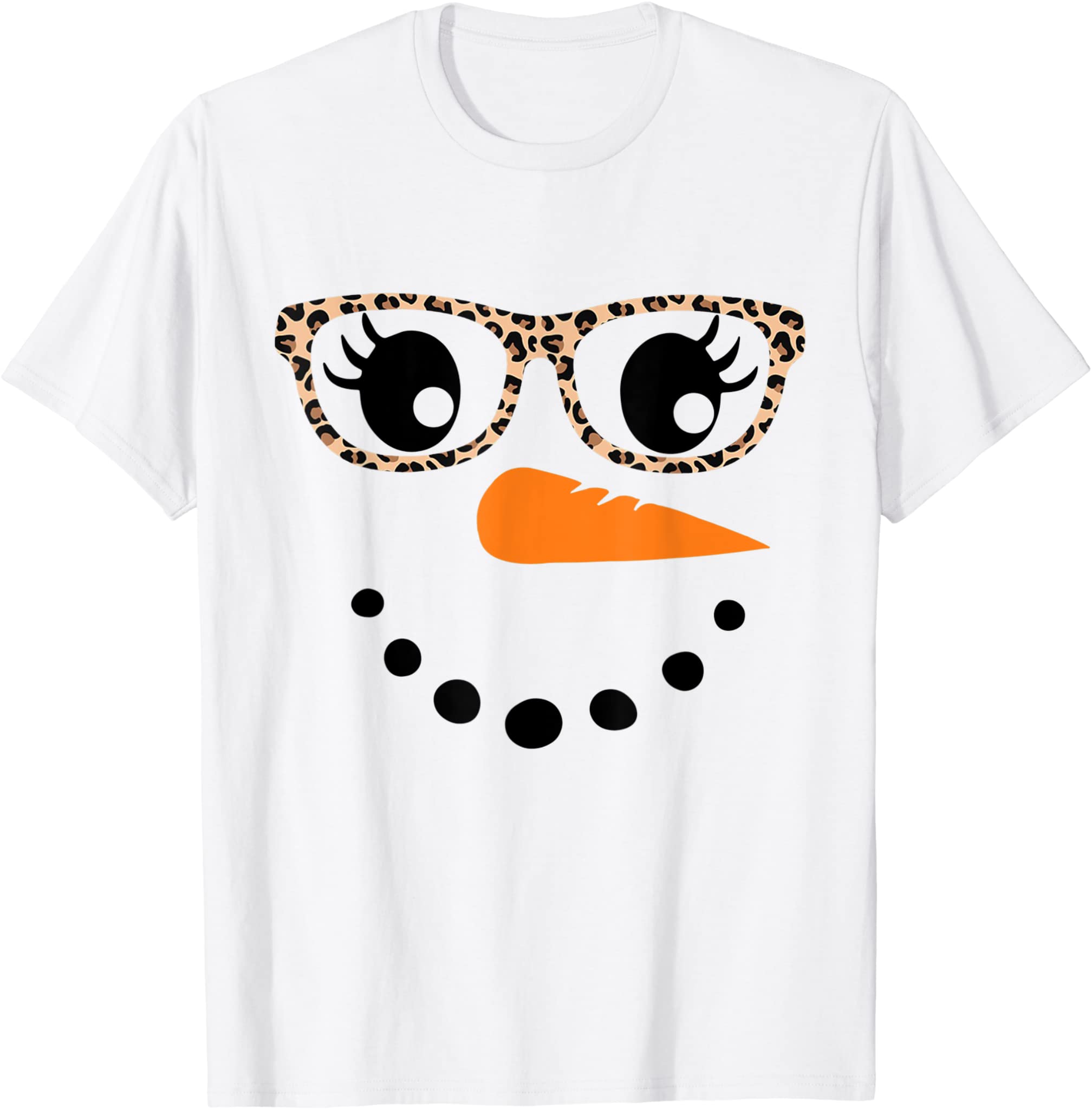 Snowman Face Carrot Nose Eyelashes Leopard Glasses Christmas T-Shirt