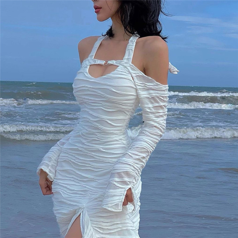 Summer Casual Beach Dresses Ladies Solid Pleated Off Shoulder Long Sleeve Halter Backless Sexy Dress Irregular Hem Women alx