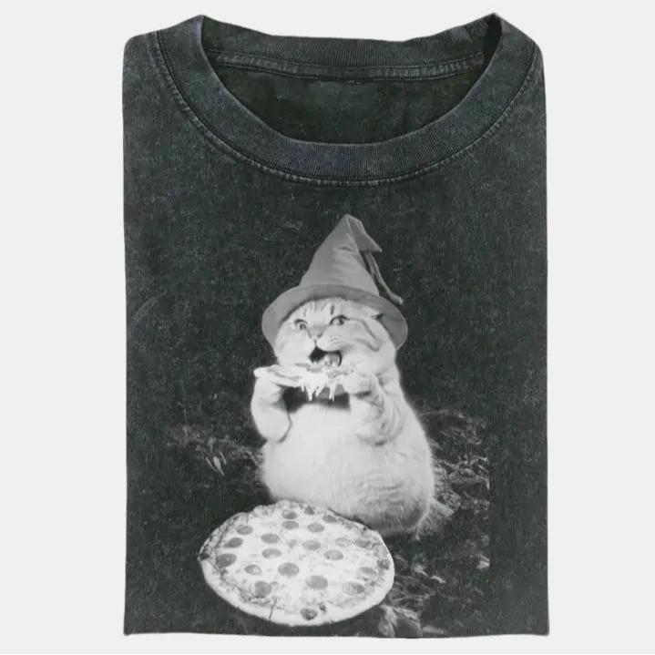Pizza Wizard Cat T-Shirt – Funny Magic Cat Graphic Tee, Whimsical Pizza Lover Shirt