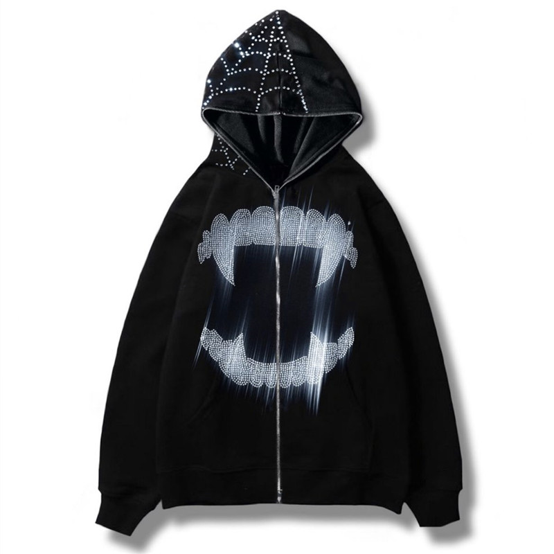 CDJLFH Rhinestones Letter Spider Web Grunge Winter Clothes Women Y2k Harajuku Vintage Gothic Zip Up Hoodies Long Sleeve Jackets alx