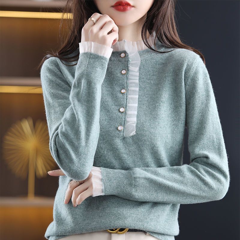 Autumn Winter Elegant Fashion Sweet Lace Patchwork Sweaters Top Women Loose Casual Pullover Ladies Knitting All-match Jumpers alx