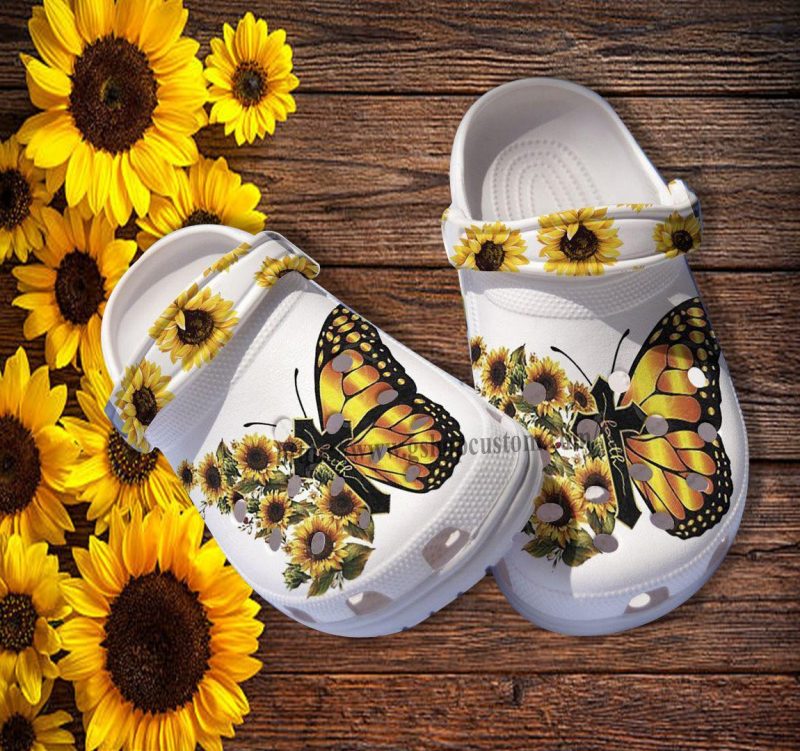 Butterfly Faith God Gross Sunflower Croc Shoes Gift Grandaughter- Faith Miracle God Butterfly Shoes Croc Clogs Women