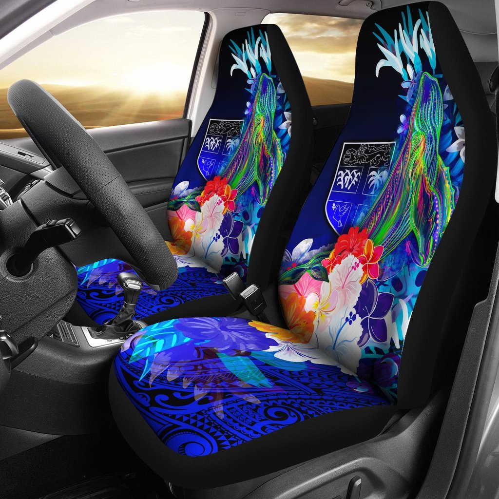 Fiji Car Seat Covers – Humpback Whale With Tropical Flowers (Blue)