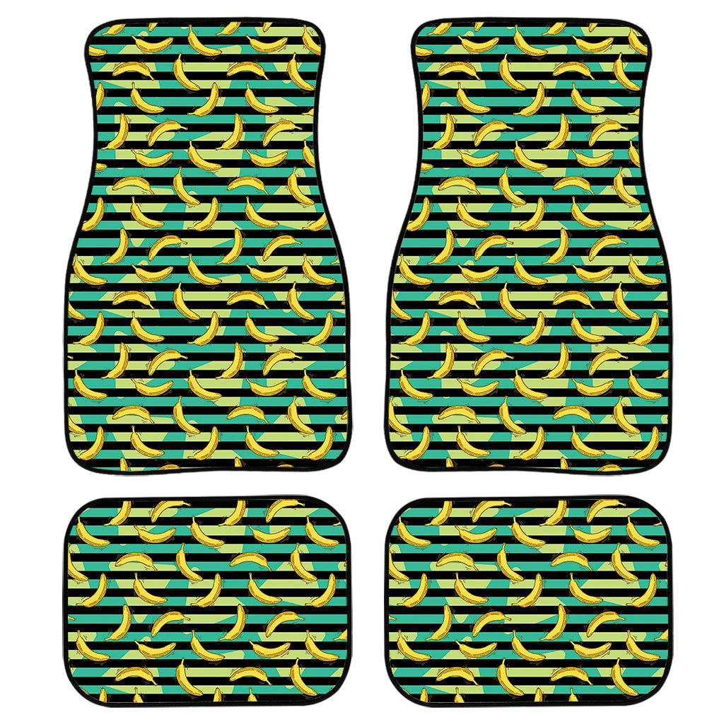 Teal Striped Banana Pattern Print Front And Back Car Floor Mats, Front Car Mat