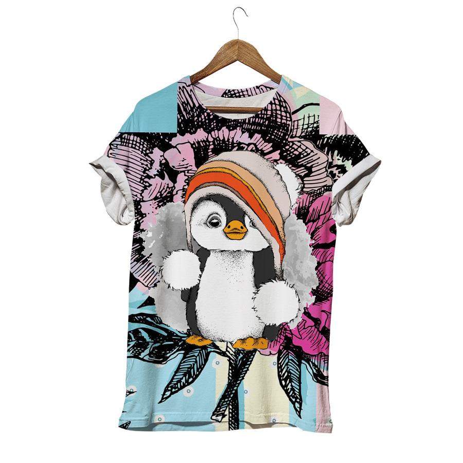 Nature Wildflower Cute Penguin In Wool Hat Penguin T-shirt