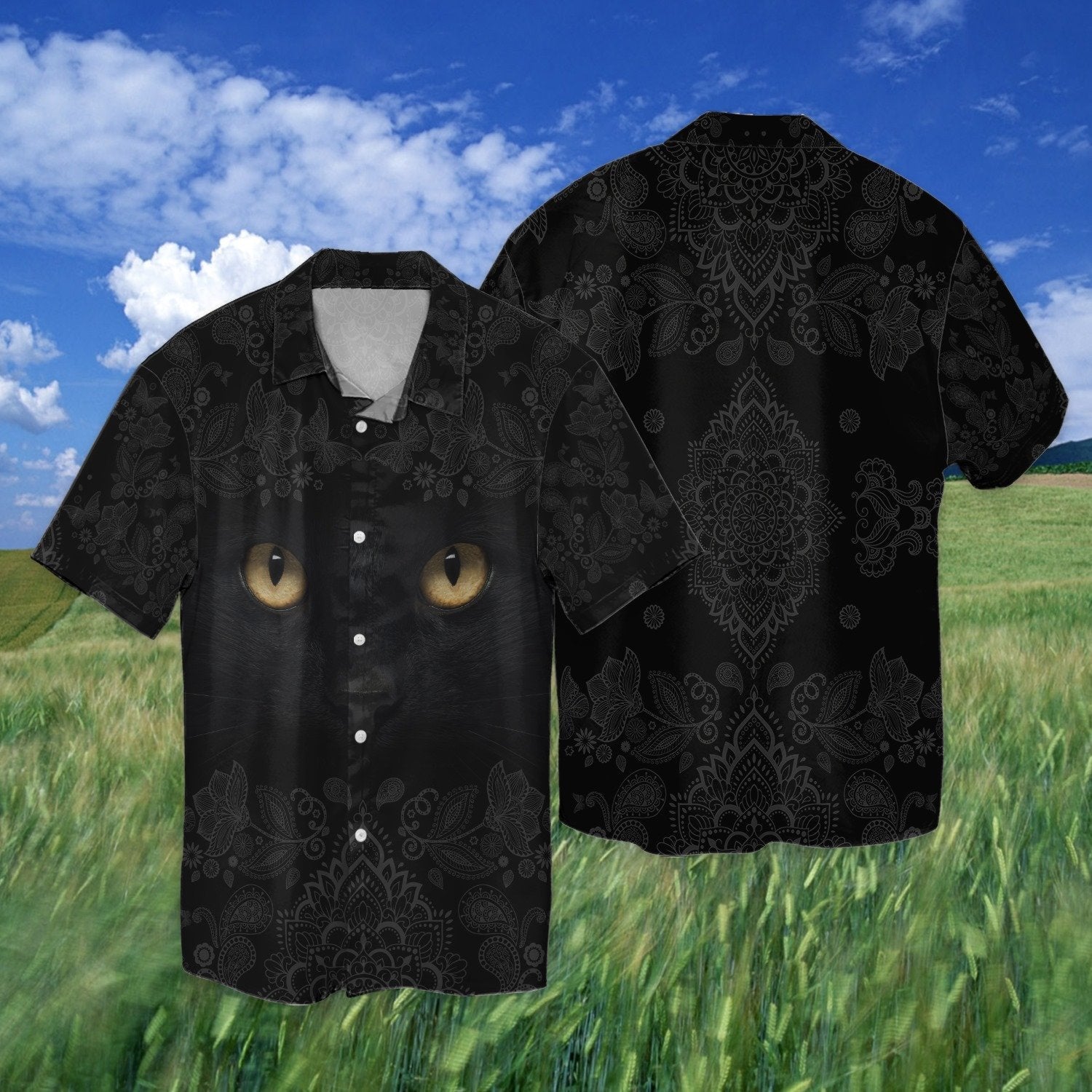 Black Cat Magic Mystery Pattern Hawaii Unisex Print Aloha Short Sleeve Casual Shirt Ha15927