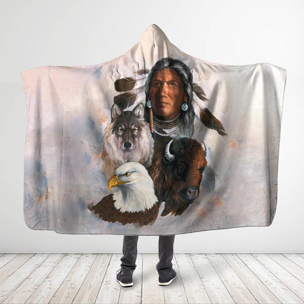 Native American-  With Wolf Buffalo Eagle – Hooded Blanket