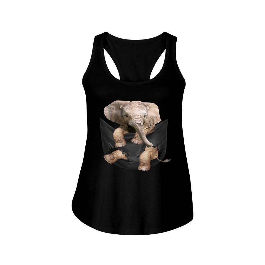 Adorable Baby Elephant In Middle Pocket For Elephant Lovers Ladies Flowy Tank