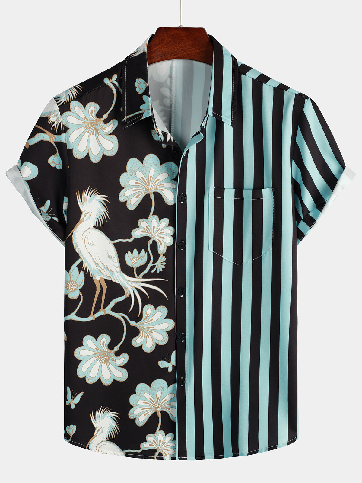 Floral Bird Print Blue And Black Striped Beach Short Sleeve Button Up Hawaii Shirt Ha4293