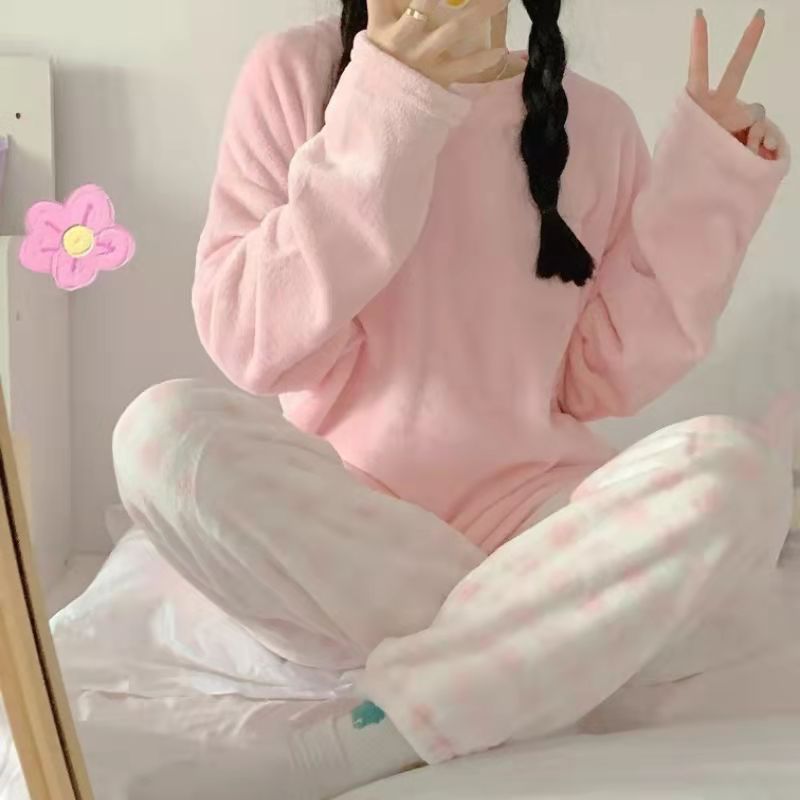 Yasuk Autumn Winter Fashion Women’s Casual Lovely Solid Warm Soft Sleepwear Nightgow Loose Pajamas With Pants Flannel Pullover alx