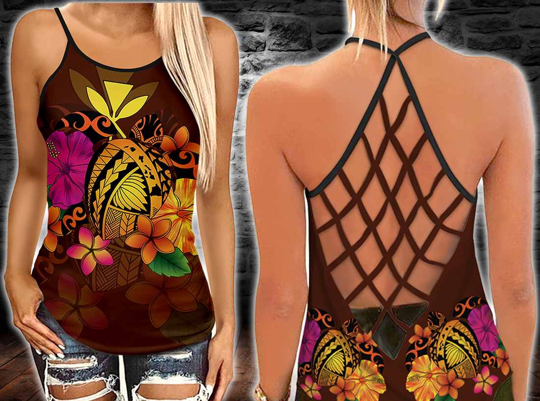 Hawaii Turtle Tribal Map Hibiscus Criss-Cross Tanktop