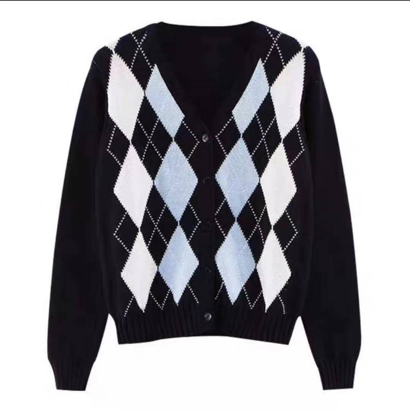 Zoki Black Argyle Women Cardigan Sweater Fashion Button V Neck Long Sleeve Knitted Plaid Sweater Street Wear Female Thin Jacket alx