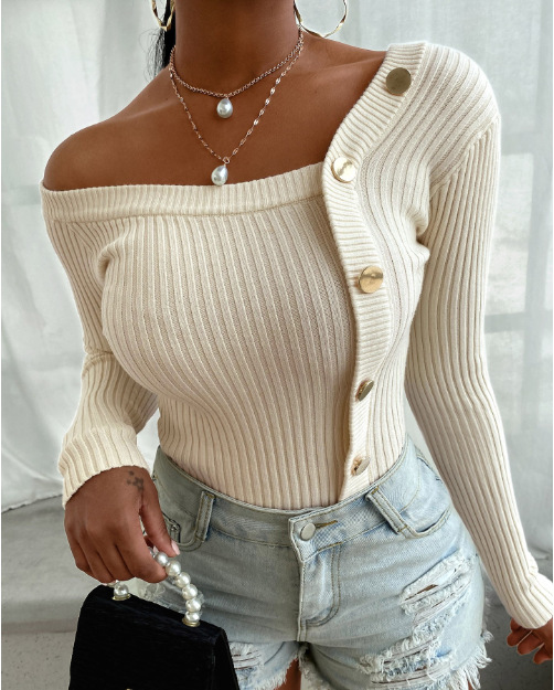 Women Fashion Elegant Knitted Tops Long Sleeve Off Shoulder Sexy Casual Slim Buttons Top Femme Ladies Solid Sweaters Fall Spring alx