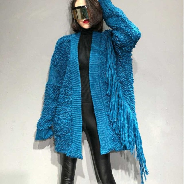 Leisure Cardigan Scarf Collar  Tassel Loose Plus Size Peacock Blue Thick Knitting Sweater