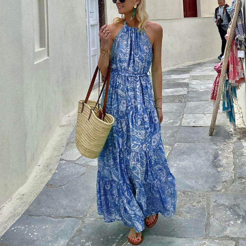 2022 Fall New Halter Sleeveless Boho Print Dress Elegant Lace-Up Folds Backless Party Dress Women Fashion Retro Loose Long Dress alx