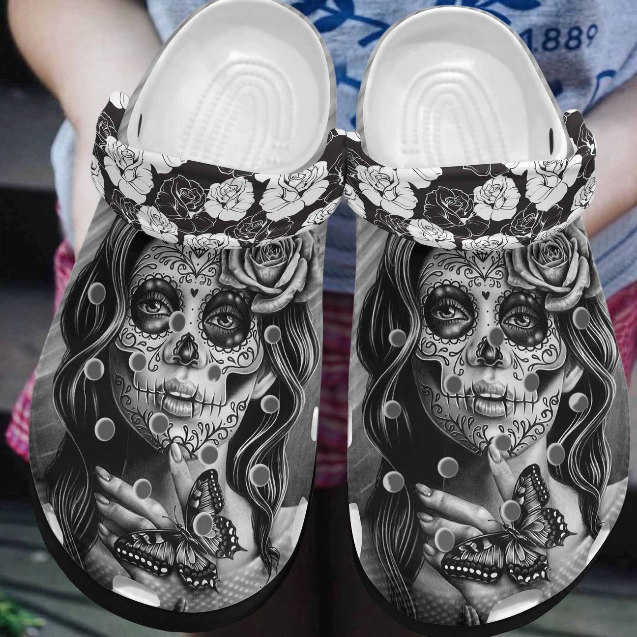 Skull Personalized Clog, Custom Name, Text, Color, Number Fashion Style For Women, Men, Kid, Print 3D Black And White Roses Skull