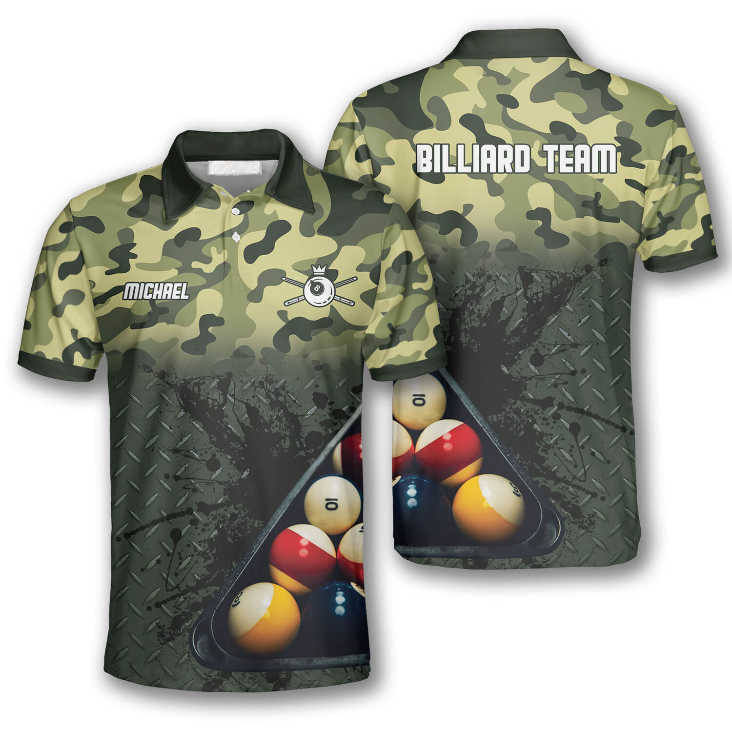 Personalized Green Camo Custom Billiard Shirts For Men, Billiard Polo Shirt, Gift For Team Billiard