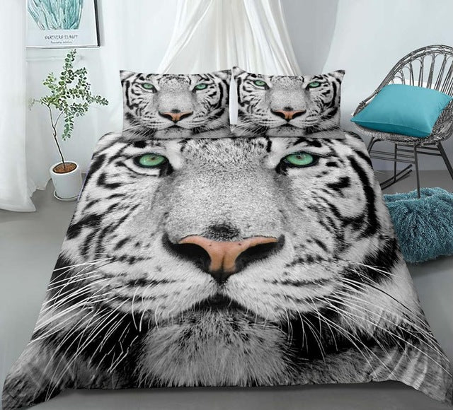 3D White Snow Tiger Pattern Animals Duvet Cover Set, Microfiber Fabric, Twin/Full/Queen/King Bedding