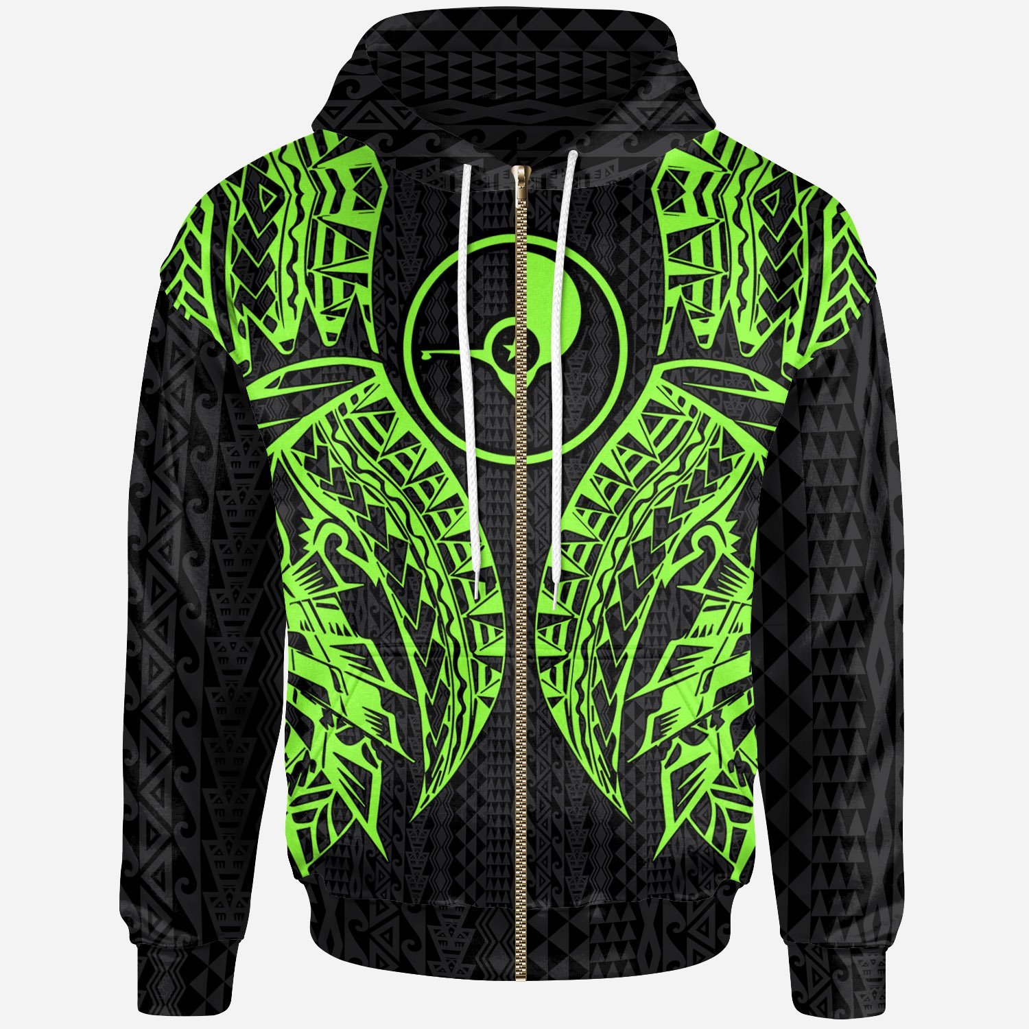 Yap Zip-Up Hoodie – Polynesian Lion Head Green Style – Pacific Print Hoodie